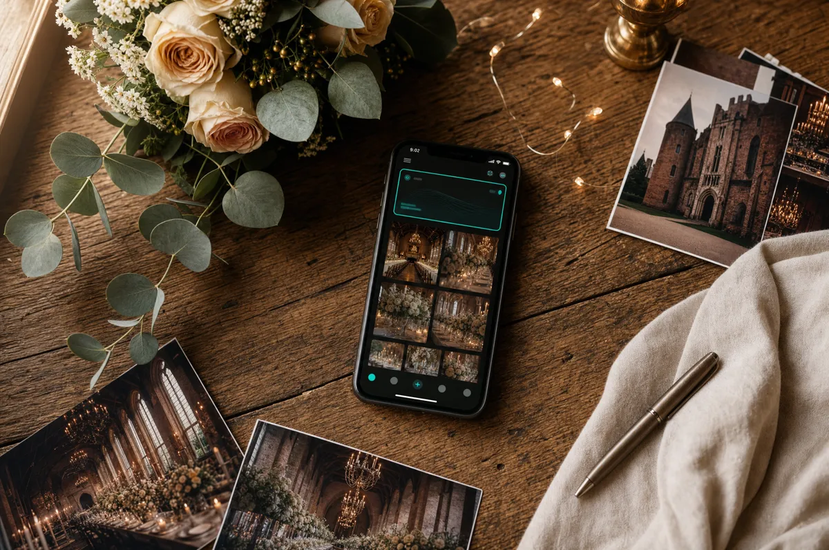 Telefoon met een Instagram-fotoraster van kasteelfoto’s tussen bruidsstyling op een houten tafel
