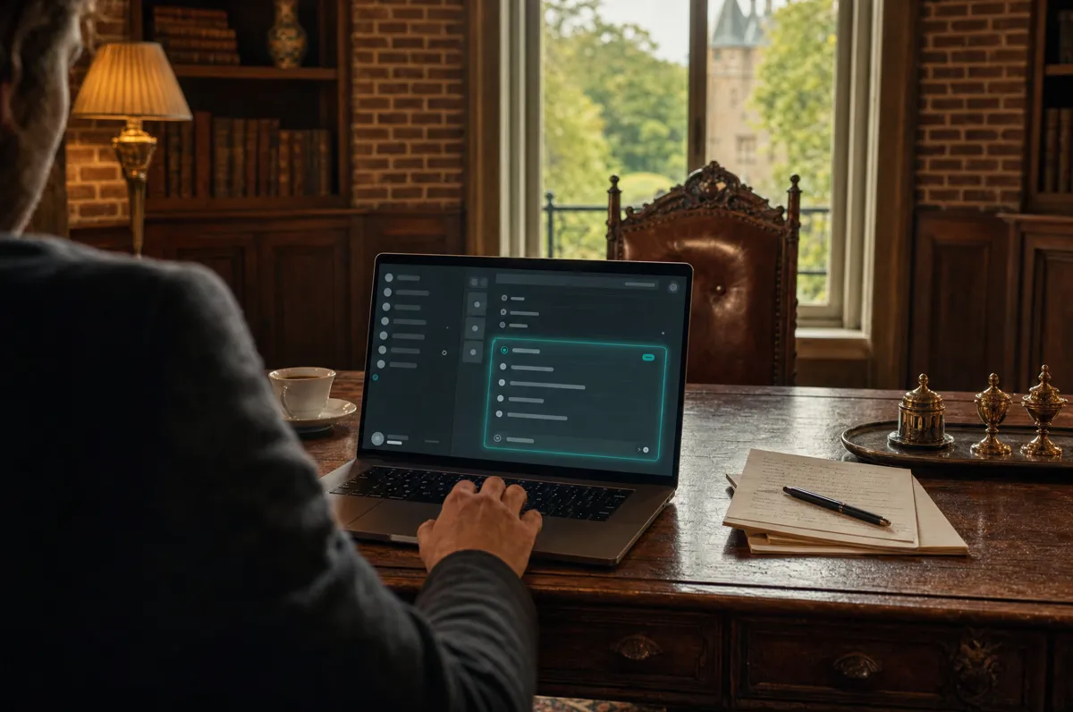 Laptop op een eikenhouten bureau in de werkkamer, met een AI-paneel dat een conceptmail klaarzet