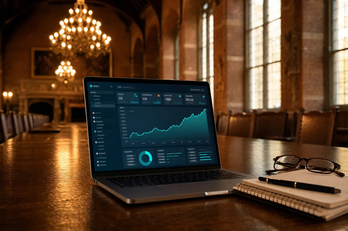 Laptop met een analytics-dashboard met stijgende grafiek op de grote tafel in de zaal