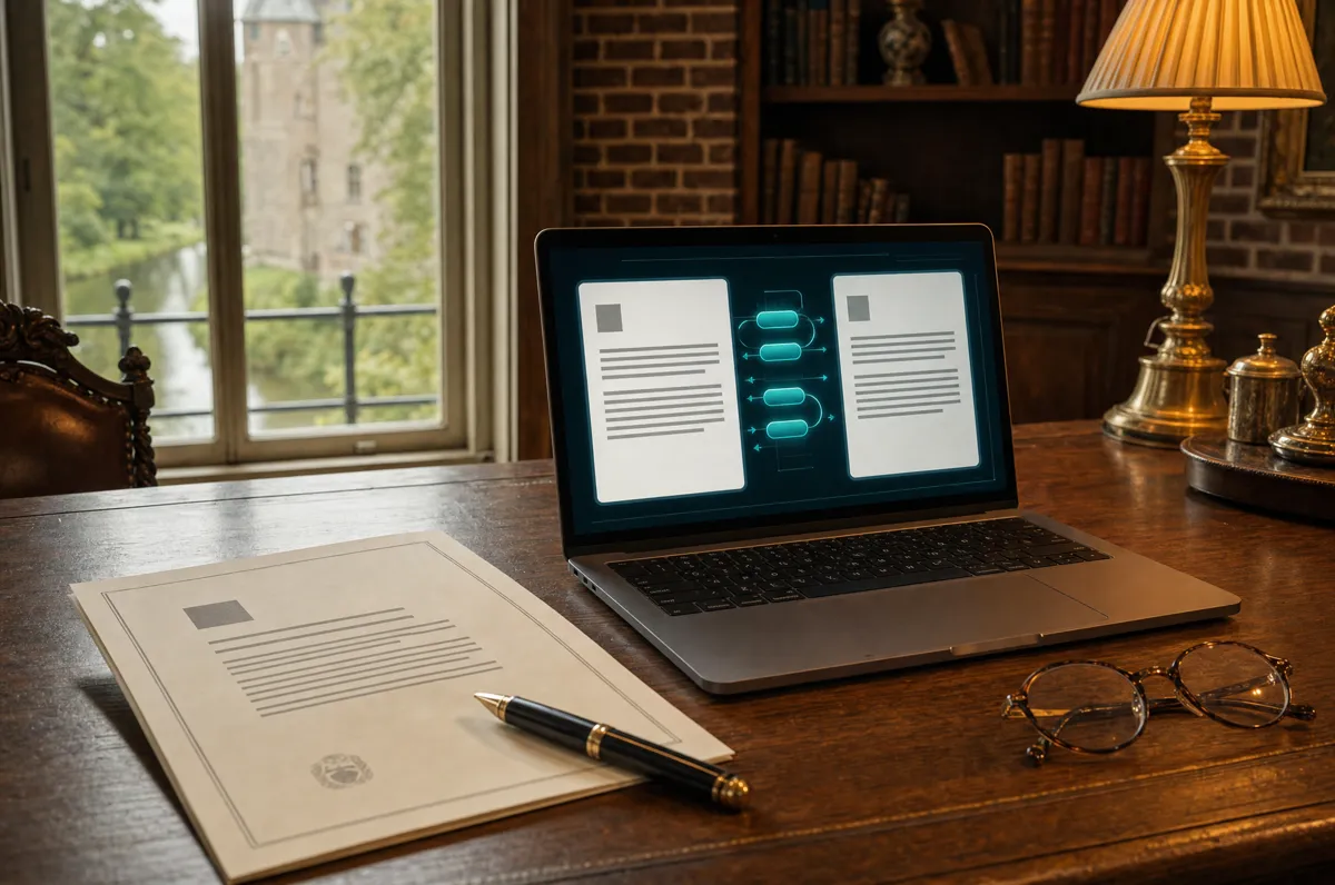 Papieren offerte naast een laptop waarop AI het document zij-aan-zij vertaalt