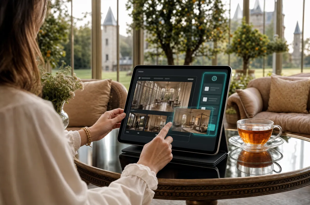 Vrouw in de orangerie bouwt op een tablet haar eigen website met foto’s van kasteelzalen